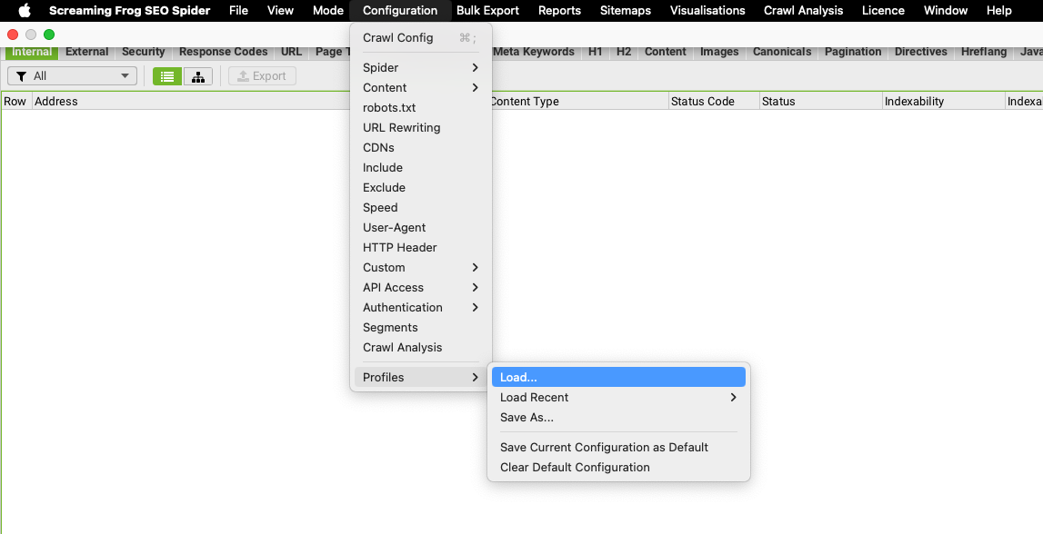Screenshot aus Screaming Frog: File > Import klicken