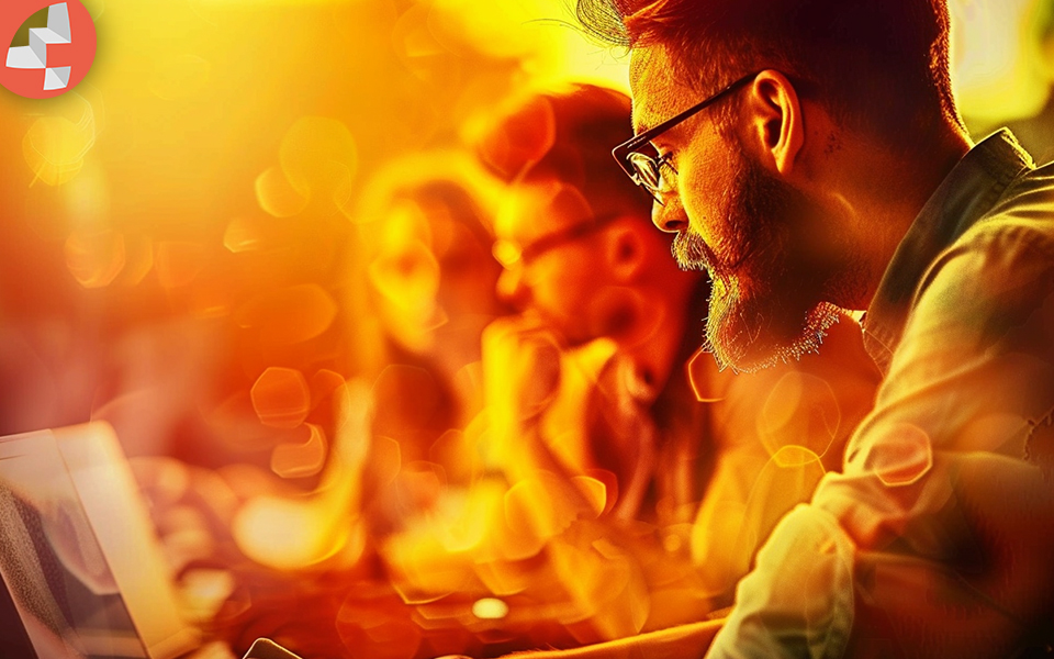 Ein Mann, der am Computer etwas tippt, Seitenansicht. Im Hintergrund sind verschwommen Menschen, die ebenfalls am Comuputer arbeiten.