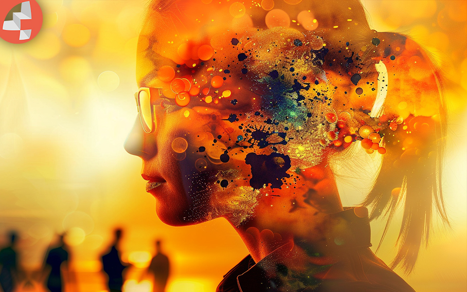 Frau, die nach links schaut. Man sieht sie in der Seitenansicht und in dem Bereich wo der Kopf ist, sind schleierhaft Wolken.