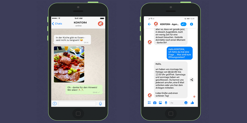 So kann eine Unterhaltung in den Messanger-Diensten aussehen. Links eine WhatsApp Unterhaltung, rechts eine Unterhaltung im Facebook Messanger.