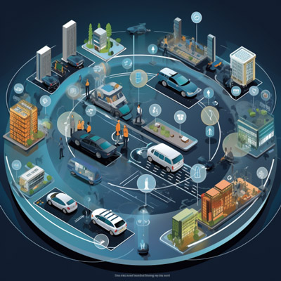 Illustration eines vernetzten Verkehrssystems in einer Stadt.
