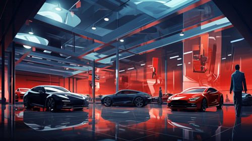 Moderne Ausstellungshalle mit Sportwagen und futuristischem Design.