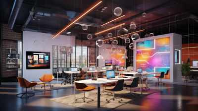 Modern eingerichtetes Büro mit bunten Bildschirmen und schwebenden Kugeln.
