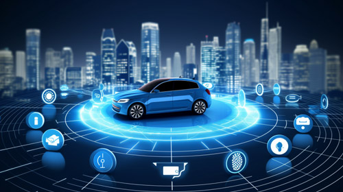 Blaues Auto in einer hoch technisierten Stadt mit verschiedenen Symbolen darum.