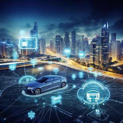 Vernetztes Auto und digitale Symbole vor einer futuristischen Stadtlandschaft.