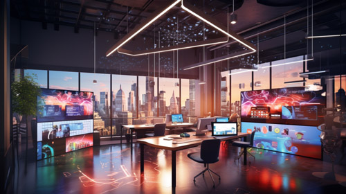Modernes Büro mit digitalen Bildschirmen und Blick auf die Skyline einer Stadt.