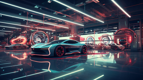 Futuristischer Ausstellungsraum mit modernen Sportwagen und Neonlichtern.