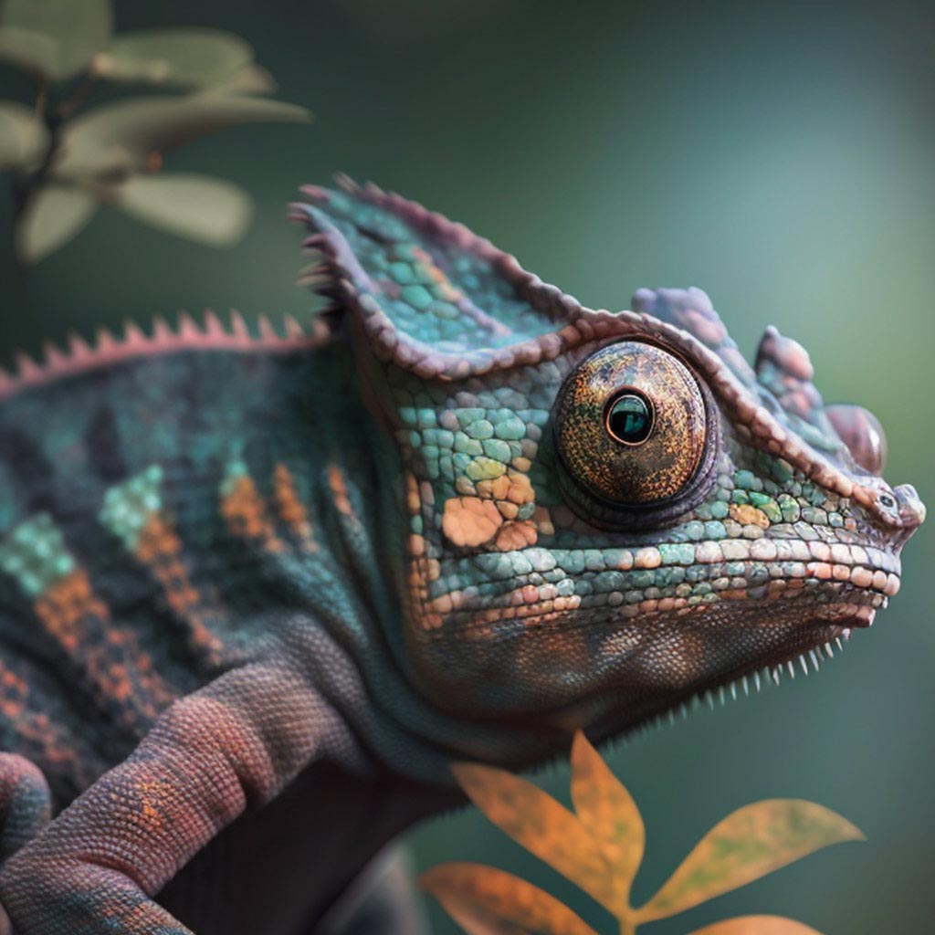rare chameleon in nature, photorealistic, zoom, DOF, Shot on 70mm