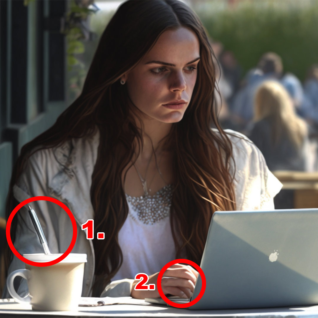Frau arbeitet am Laptop im Freien, daneben ein Kaffeebecher mit Stift.