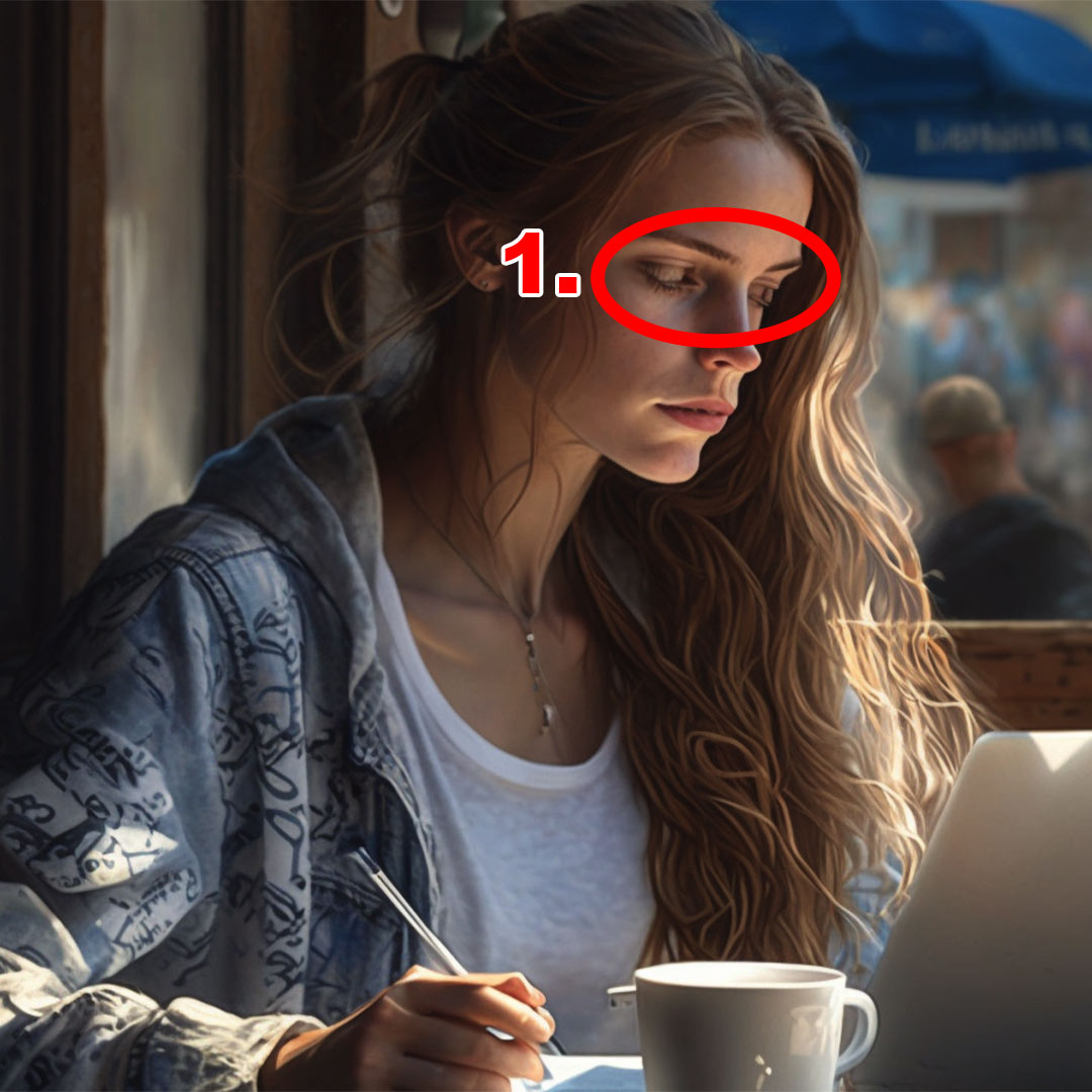 Frau in Café arbeitet konzentriert am Laptop mit einem Notizbuch und einer Tasse Kaffee.