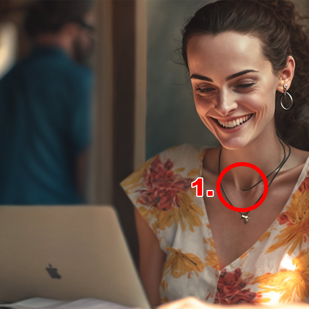 Frau mit lockigem Haar lächelt bei der Arbeit am Laptop