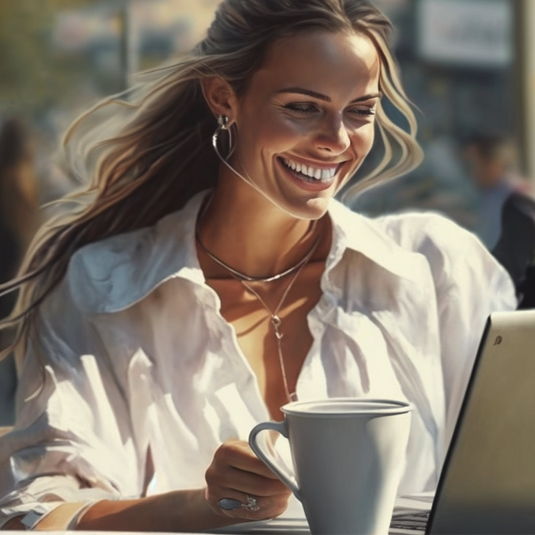 Frau lächelnd und Kaffee trinkend, während sie ein Laptop benutzt.