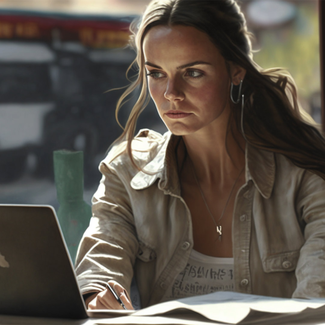 Frau, die am Tisch sitzt und auf einen Laptop schaut.