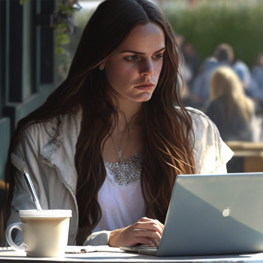 Frau arbeitet an einem Laptop mit einem Kaffee daneben