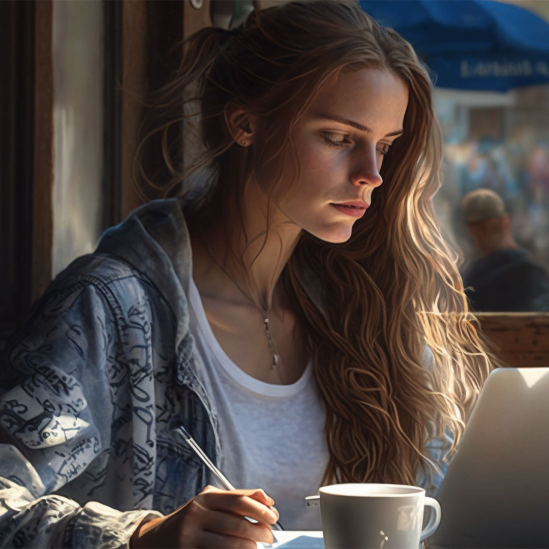 Eine Frau arbeitet konzentriert an einem Laptop in einem Café.