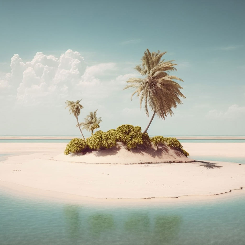 a sommer day at a beautiful beach with palm trees on a lonely island, photorealistic, realistic, 5D, Wide Shot, Fujifilm Superia