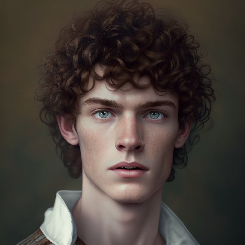 17 years old, blue-green eyes, curly brown mullet with short sides hairstyle, without freckles, very realistic, 22 Megapixels