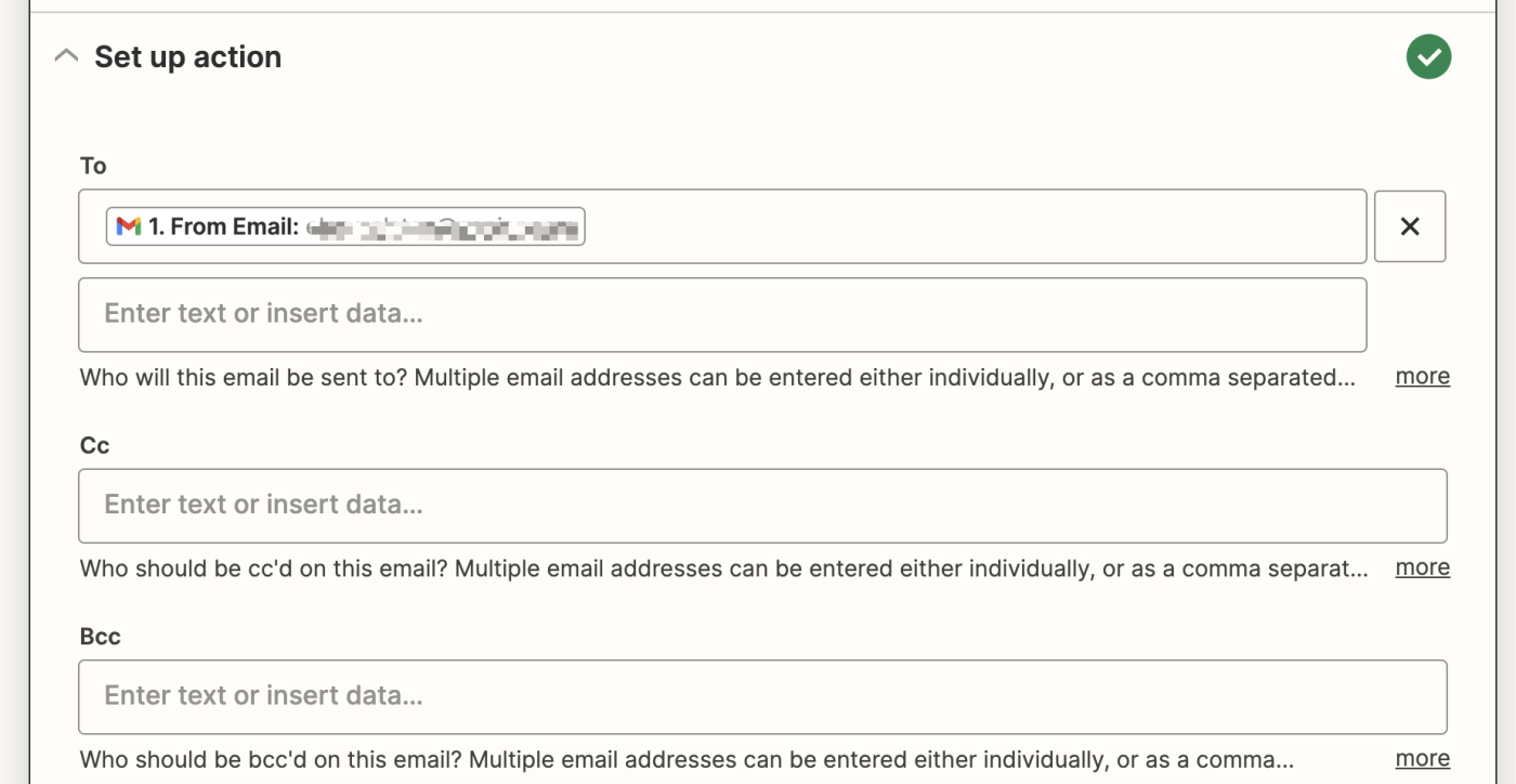 Formular zur E-Mail-Konfiguration mit Feldern für To, Cc und Bcc