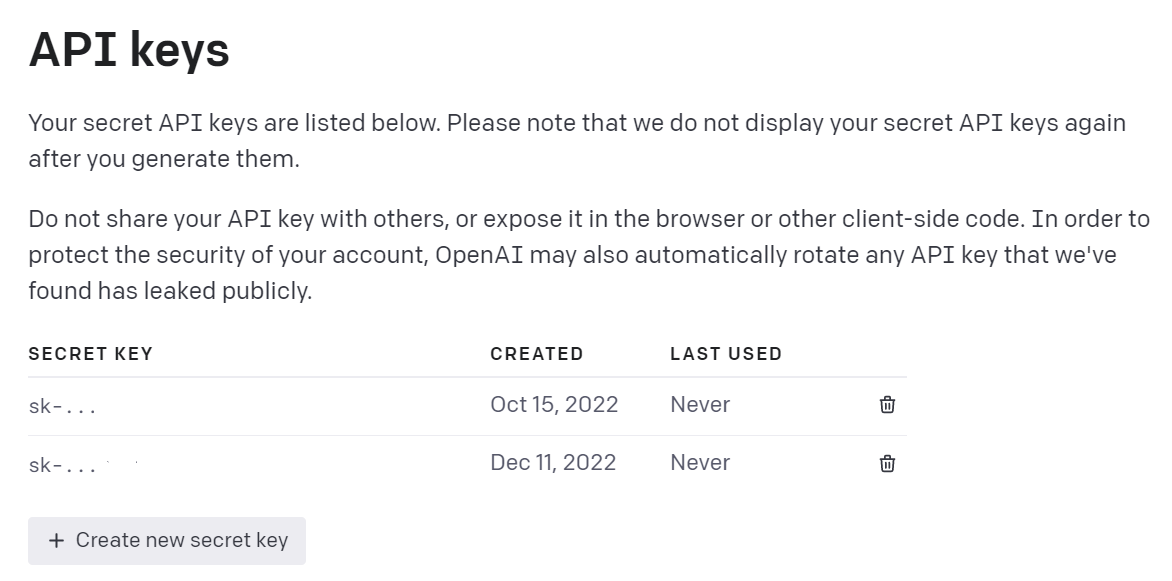 API key management interface with secret keys and creation dates