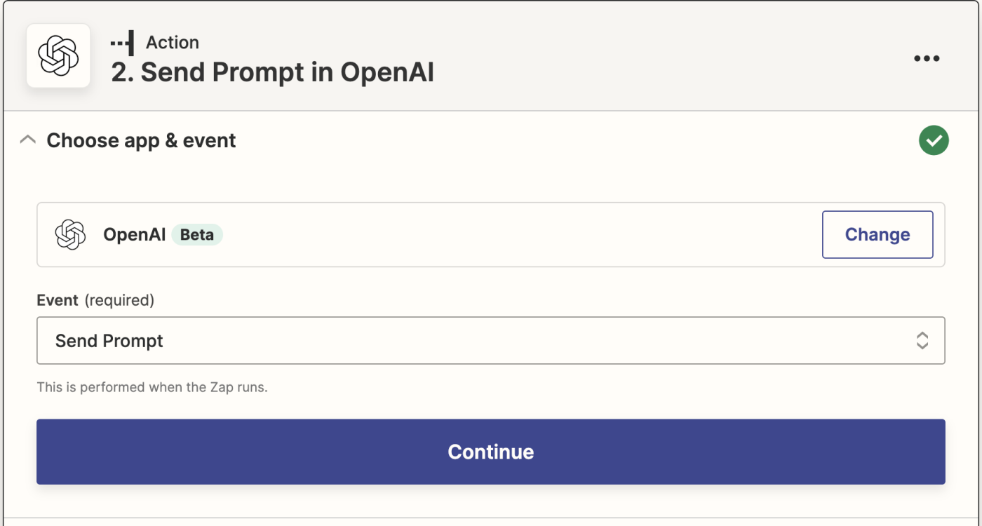 OpenAI-Aktion im Zapier-Dashboard, Send Prompt Event.