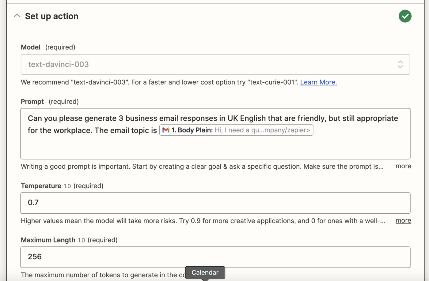 Screenshot von OpenAI API-Einstellungen und Eingabeaufforderung.