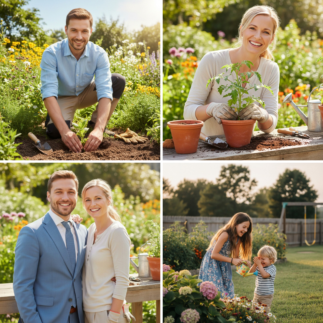 Verschiedene Garten-Szenen mit Mann, Frau und Kindern