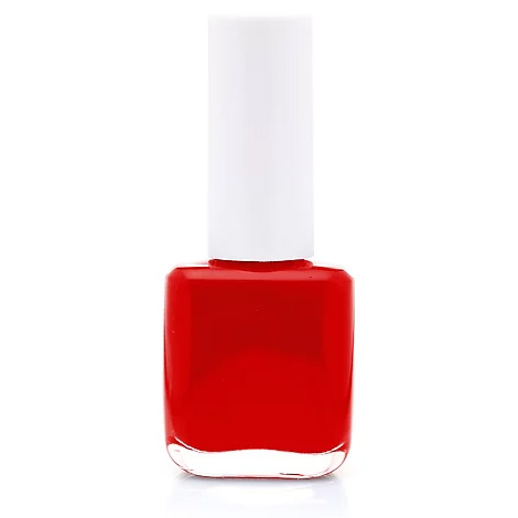 Rote Nagellackflasche mit weißem Verschluss.