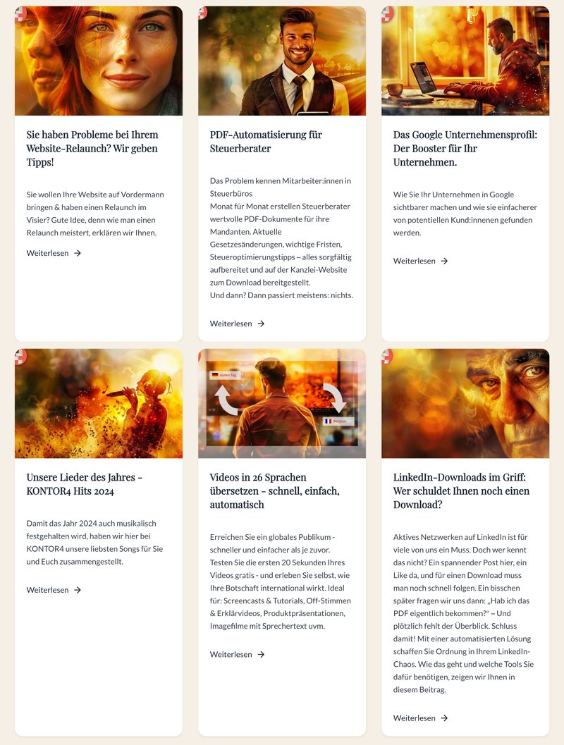 So kann eine Blogübersichtsseite mit einheitlichen Bildern von MidJourney aussehen